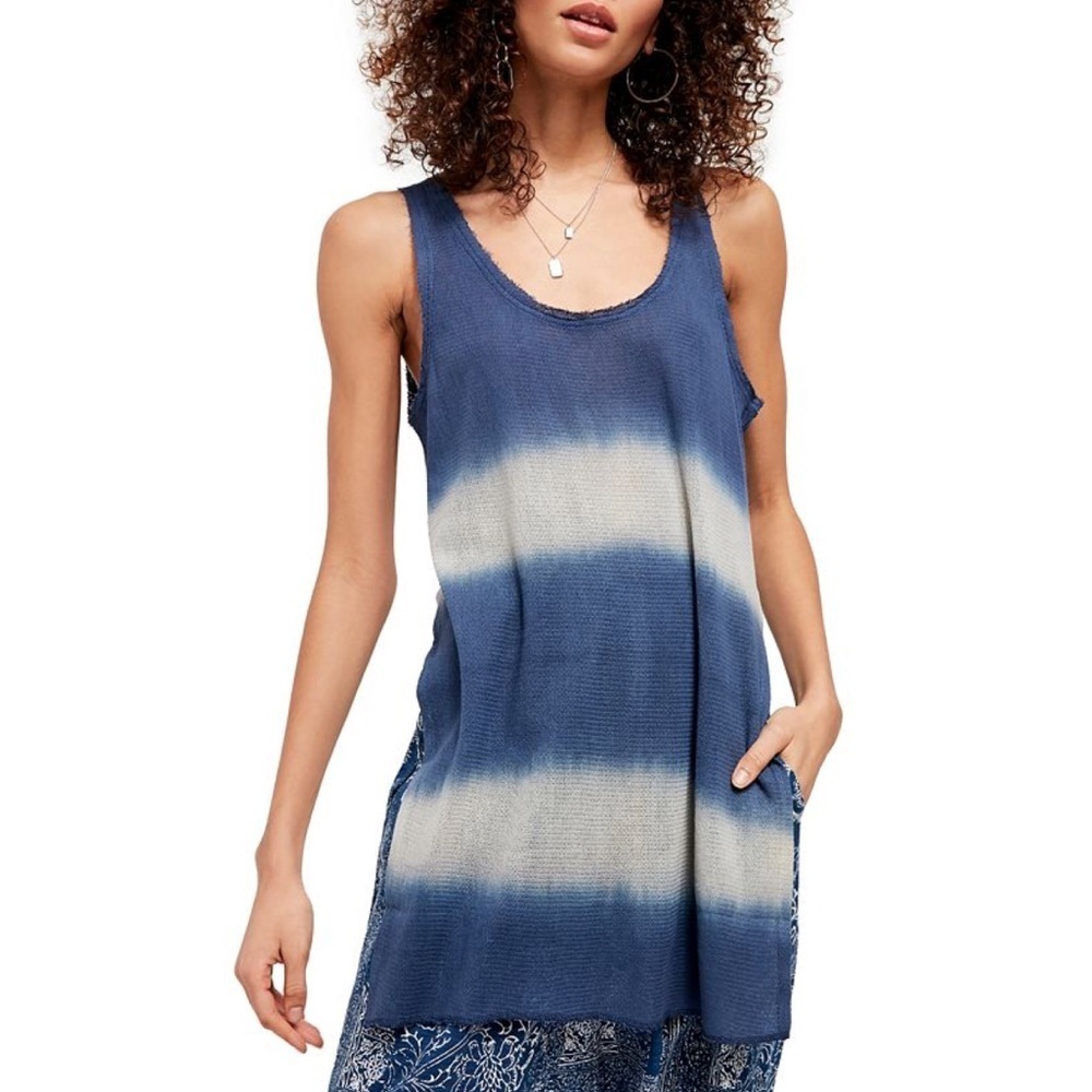 New Free People Joni Maxi Tank Mesh Top Out to Sea Blue Airy Sheer Cover Up